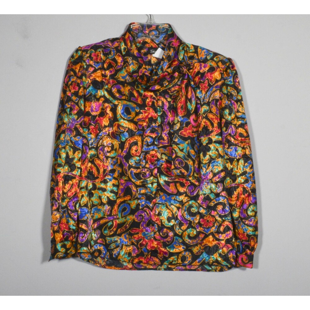 VTG 80s Gianna Blouse Multicolor Geometric Print w/Ascot Shoulder Pads Size 12